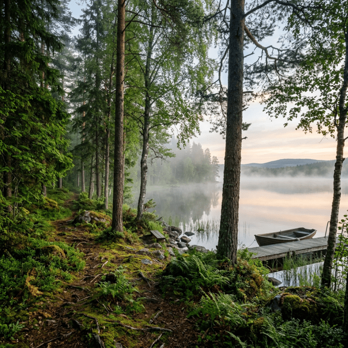 Forest path by a calm lake with mist, dock, and boat