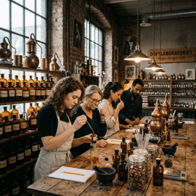 Four people crafting perfumes at a workbench surrounded by bottles and herbs