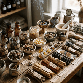 Labeled herbs, incense, burning charcoal, and cleansing bundles on a wooden table