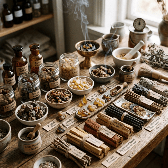 Labeled herbs, incense, burning charcoal, and cleansing bundles on a wooden table